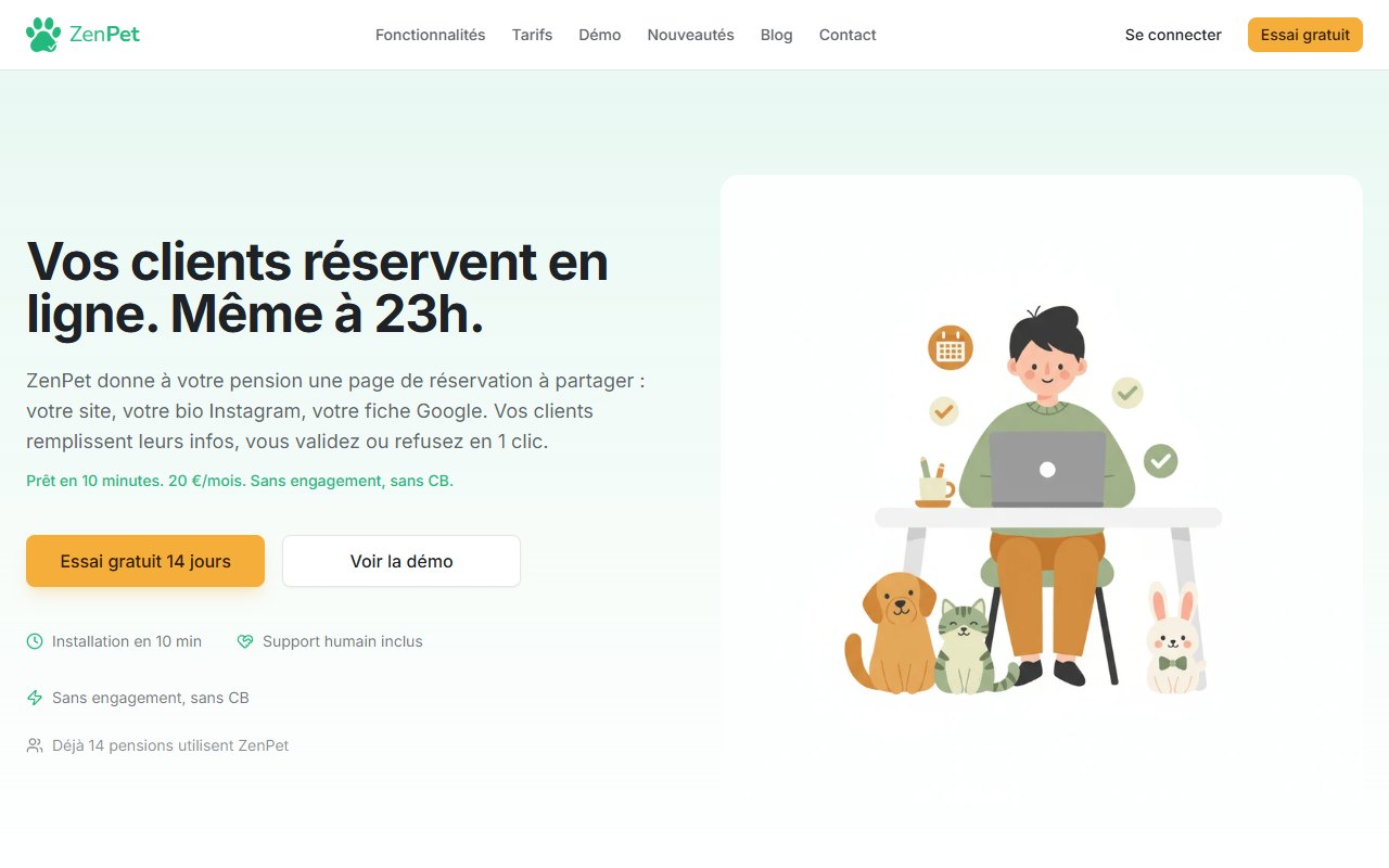 Page d'accueil de ZenPet : présentation de l'outil de réservation en ligne pour pensions animalières.